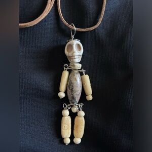 Handmade jointed beaded stone skeleton necklace Halloween with leather cord NEW
